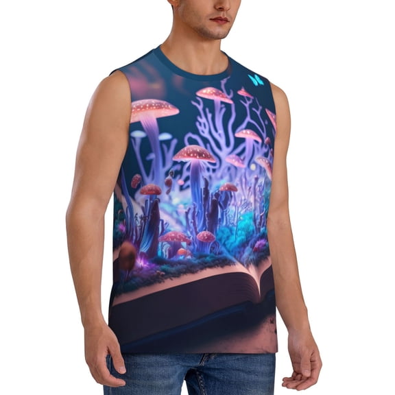 Fotbe Men's Book Glowing Mushrooms Print Men's Sleeveless Muscle Tank Tops Casual T-Shirts for Gym Workout Beach-Small