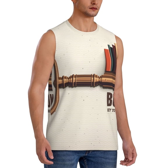 Fotbe Men's Books Key To Knowledge Print Men's Sleeveless Muscle Tank Tops Casual T-Shirts for Gym Workout Beach-Large