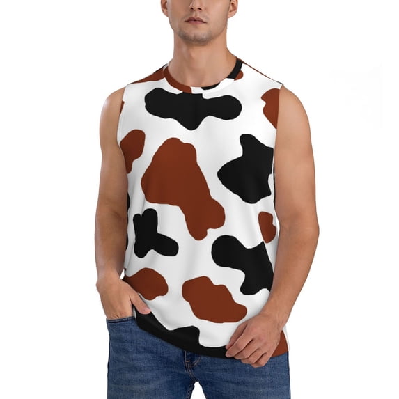 Fotbe Men's Brown Black Cow Print Men's Sleeveless Muscle Tank Tops Casual T-Shirts for Gym Workout Beach-Small