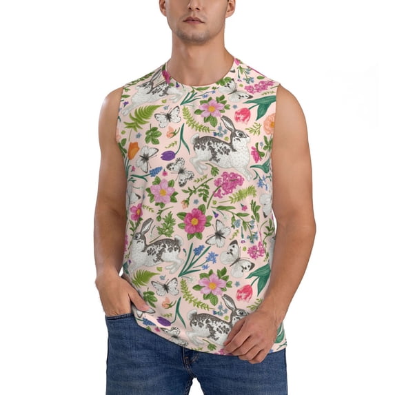 Fotbe Men's Bunny Floral Print Men's Sleeveless Muscle Tank Tops Casual T-Shirts for Gym Workout Beach-Medium