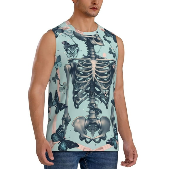 Fotbe Men's Butterflies Skull Bows Print Men's Sleeveless Muscle Tank Tops Casual T-Shirts for Gym Workout Beach-3X-Large