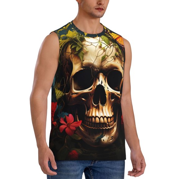 Fotbe Men's Butterfly Flower Plant Skull Print Men's Sleeveless Muscle Tank Tops Casual T-Shirts for Gym Workout Beach-Small