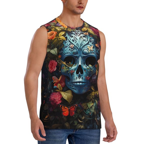 Fotbe Men's Butterfly Flower Skull A Print Men's Sleeveless Muscle Tank Tops Casual T-Shirts for Gym Workout Beach-X-Large