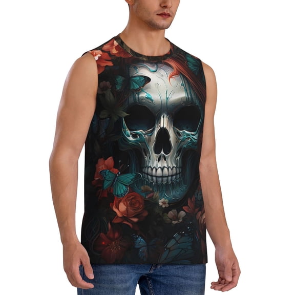 Fotbe Men's Butterfly Flower Skull Print Men's Sleeveless Muscle Tank Tops Casual T-Shirts for Gym Workout Beach-Small