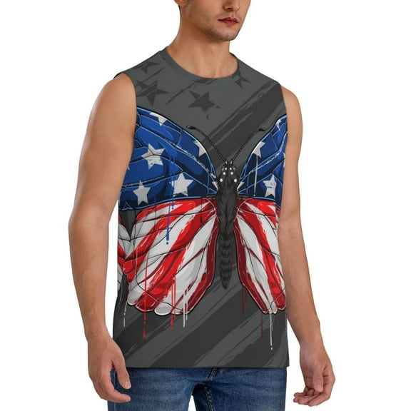 Fotbe Men's Butterfly With USA Flag Print Men's Sleeveless Muscle Tank Tops Casual T-Shirts for Gym Workout Beach-Large