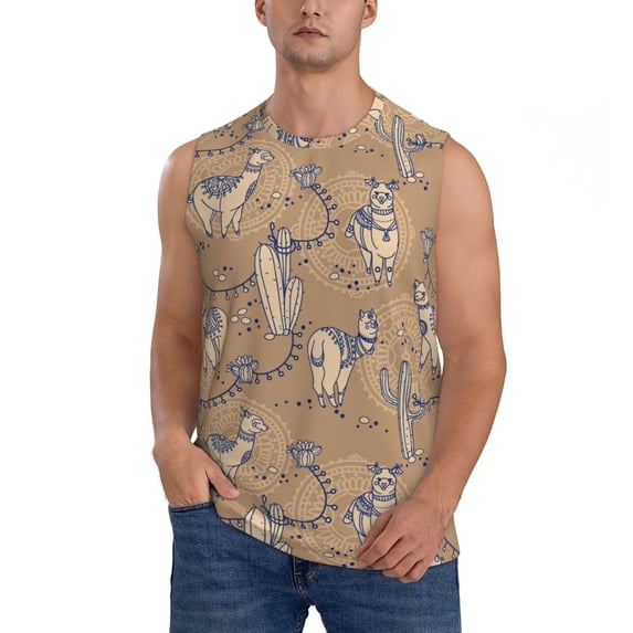 Fotbe Men's Cactus Alpaca Print Men's Sleeveless Muscle Tank Tops Casual T-Shirts for Gym Workout Beach-Small