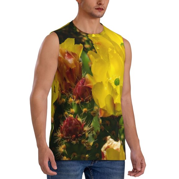 Fotbe Men's Cactus Flowers Print Men's Sleeveless Muscle Tank Tops Casual T-Shirts for Gym Workout Beach-Small