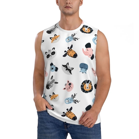 Fotbe Men's Cartoon Animals Print Men's Sleeveless Muscle Tank Tops Casual T-Shirts for Gym Workout Beach-X-Large