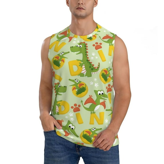 Fotbe Men's Cartoon Dinosaurs Print Men's Sleeveless Muscle Tank Tops Casual T-Shirts for Gym Workout Beach-XX-Large