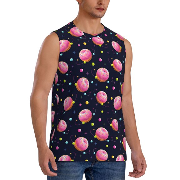 Fotbe Men's Cartoon Donut Planets Print Men's Sleeveless Muscle Tank Tops Casual T-Shirts for Gym Workout Beach-Large