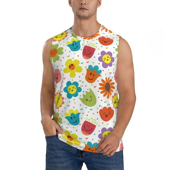 Fotbe Men's Cartoon Flowers Print Men's Sleeveless Muscle Tank Tops Casual T-Shirts for Gym Workout Beach-Small