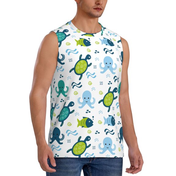 Fotbe Men's Cartoon Sea Creatures Print Men's Sleeveless Muscle Tank Tops Casual T-Shirts for Gym Workout Beach-X-Large