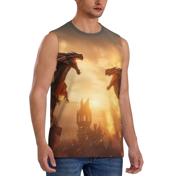 Fotbe Men's Castle Cool Fire Dragon Print Men's Sleeveless Muscle Tank Tops Casual T-Shirts for Gym Workout Beach-3X-Large