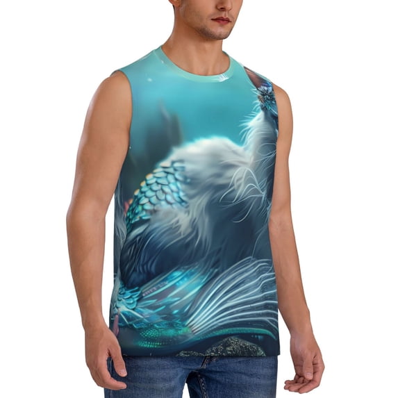 Fotbe Men's Cat Underwater Fantasy Print Men's Sleeveless Muscle Tank Tops Casual T-Shirts for Gym Workout Beach-XX-Large