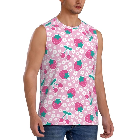 Fotbe Men's Cherry Strawberry Print Men's Sleeveless Muscle Tank Tops Casual T-Shirts for Gym Workout Beach-Small