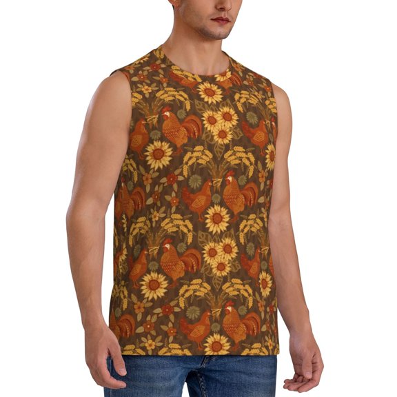 Fotbe Men's Chicken And Rooster Print Men's Sleeveless Muscle Tank Tops Casual T-Shirts for Gym Workout Beach-Small