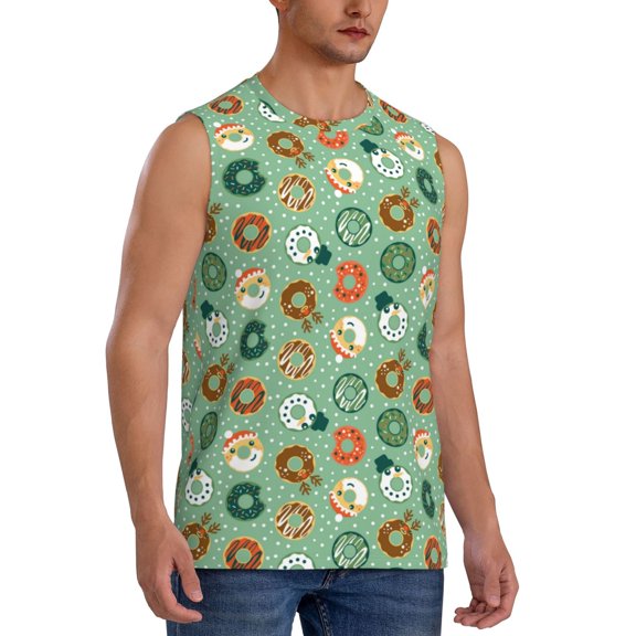 Fotbe Men's Christmas Donuts Print Men's Sleeveless Muscle Tank Tops Casual T-Shirts for Gym Workout Beach-Large