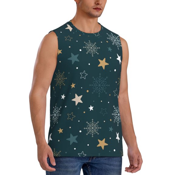 Fotbe Men's Christmas Snowflake Print Men's Sleeveless Muscle Tank Tops Casual T-Shirts for Gym Workout Beach-Large