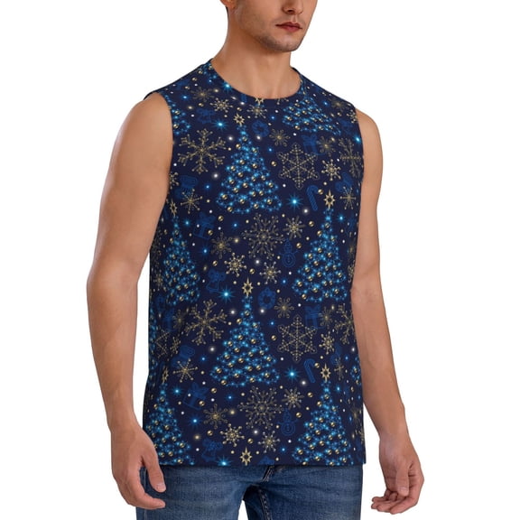 Fotbe Men's Christmas Tree Print Men's Sleeveless Muscle Tank Tops Casual T-Shirts for Gym Workout Beach-3X-Large