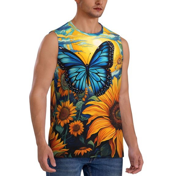 Fotbe Men's Colorful Cloud Butterfly Sunflower Print Men's Sleeveless Muscle Tank Tops Casual T-Shirts for Gym Workout Beach-Large