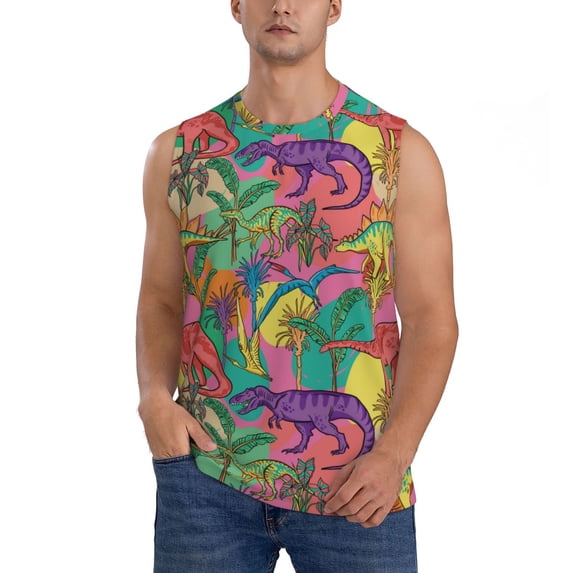 Fotbe Men's Colorful Dinosaur Print Men's Sleeveless Muscle Tank Tops Casual T-Shirts for Gym Workout Beach-Medium
