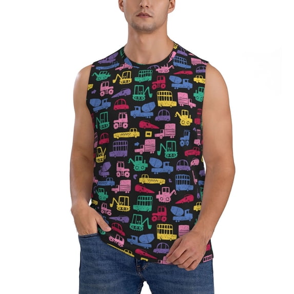 Fotbe Men's Colorful Excavator Print Men's Sleeveless Muscle Tank Tops Casual T-Shirts for Gym Workout Beach-X-Large