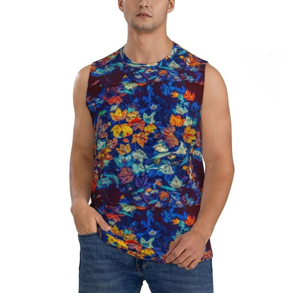 Fotbe Men's Colorful Fall Leaves Print Men's Sleeveless Muscle Tank Tops Casual T-Shirts for Gym Workout Beach-Small