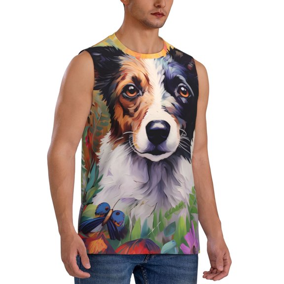 Fotbe Men's Colorful Flower Dog Print Men's Sleeveless Muscle Tank Tops Casual T-Shirts for Gym Workout Beach-Medium
