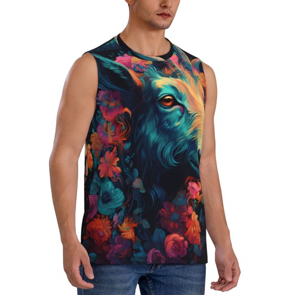 Fotbe Men's Colorful Flower Goat Print Men's Sleeveless Muscle Tank Tops Casual T-Shirts for Gym Workout Beach-XX-Large