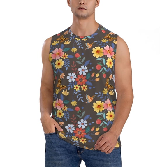 Fotbe Men's Colorful Flowers with Butterfly Print Men's Sleeveless Muscle Tank Tops Casual T-Shirts for Gym Workout Beach-XX-Large