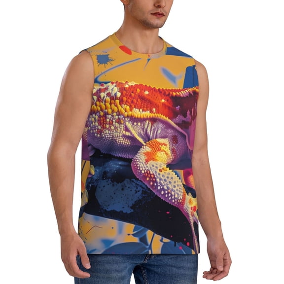 Fotbe Men's Colorful Gecko Jungle Art Print Men's Sleeveless Muscle Tank Tops Casual T-Shirts for Gym Workout Beach-Medium