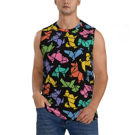 Fotbe Men's Colorful Geometric Dog Print Men's Sleeveless Muscle Tank Tops Casual T-Shirts for Gym Workout Beach-X-Large