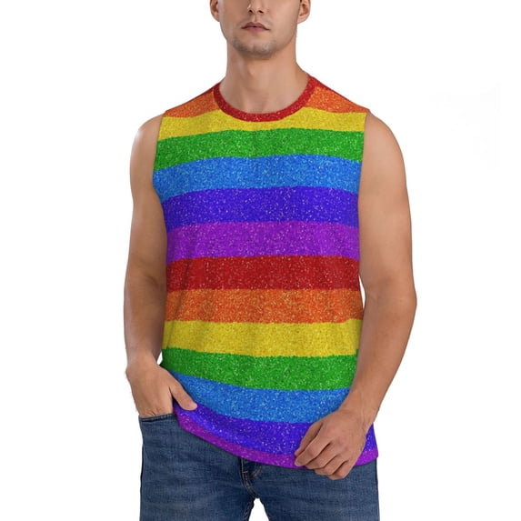 Fotbe Men's Colorful Glitter Rainbow Print Men's Sleeveless Muscle Tank Tops Casual T-Shirts for Gym Workout Beach-X-Large