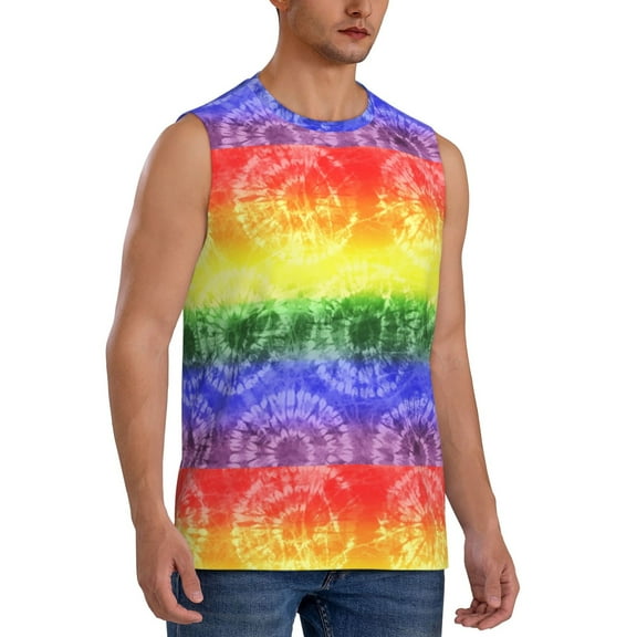 Fotbe Men's Colorful Tie Dye Print Men's Sleeveless Muscle Tank Tops Casual T-Shirts for Gym Workout Beach-Medium