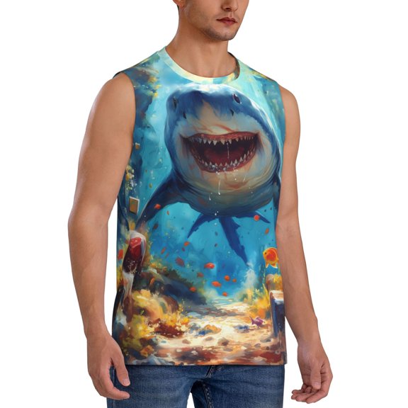 Fotbe Men's Colorful Underwater Shark Print Men's Sleeveless Muscle Tank Tops Casual T-Shirts for Gym Workout Beach-Medium