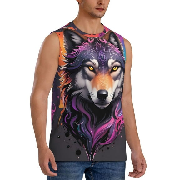 Fotbe Men's Colorful Wolf Head A Print Men's Sleeveless Muscle Tank Tops Casual T-Shirts for Gym Workout Beach-Large