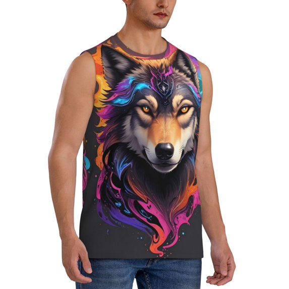 Fotbe Men's Colorful Wolf Head Print Men's Sleeveless Muscle Tank Tops Casual T-Shirts for Gym Workout Beach-Small