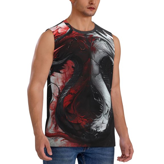 Fotbe Men's Cool Black And White Dragon Print Men's Sleeveless Muscle Tank Tops Casual T-Shirts for Gym Workout Beach-Large