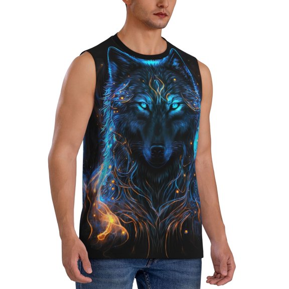 Fotbe Men's Cool Blue Light Wolf Print Men's Sleeveless Muscle Tank Tops Casual T-Shirts for Gym Workout Beach-3X-Large