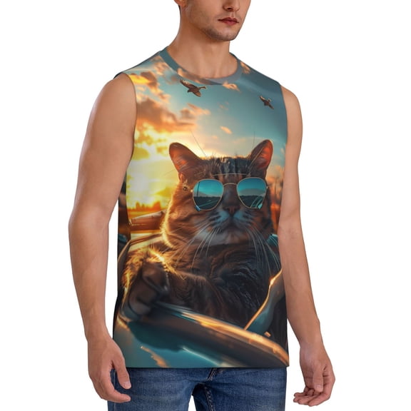 Fotbe Men's Cool Cat Driving Sunset Print Men's Sleeveless Muscle Tank Tops Casual T-Shirts for Gym Workout Beach-Small