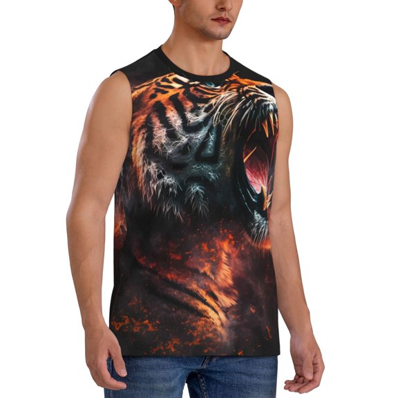 Fotbe Men's Cool Tiger Print Men's Sleeveless Muscle Tank Tops Casual T-Shirts for Gym Workout Beach-Medium