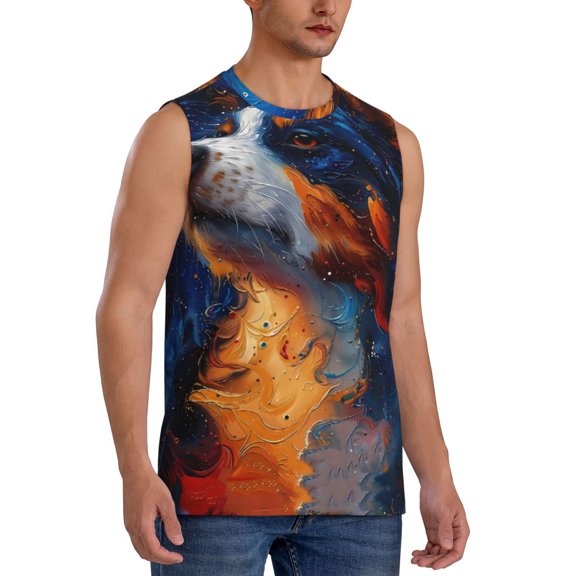 Fotbe Men's Cosmic Dog Starry Night Print Men's Sleeveless Muscle Tank Tops Casual T-Shirts for Gym Workout Beach-Small