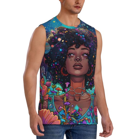 Fotbe Men's Cosmic Garden Woman Portrait Print Men's Sleeveless Muscle Tank Tops Casual T-Shirts for Gym Workout Beach-Large
