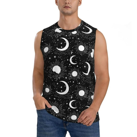 Fotbe Men's Crescent and Stars Print Men's Sleeveless Muscle Tank Tops Casual T-Shirts for Gym Workout Beach-Large