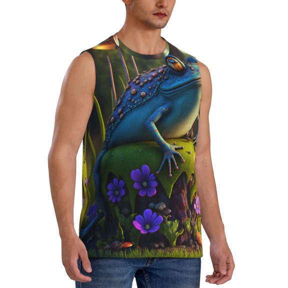 Fotbe Men's Cute Blue Frog Print Men's Sleeveless Muscle Tank Tops Casual T-Shirts for Gym Workout Beach-Small