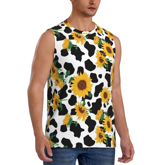 Fotbe Men's Cute Cow Print Sunflower A Print Men's Sleeveless Muscle Tank Tops Casual T-Shirts for Gym Workout Beach-Medium