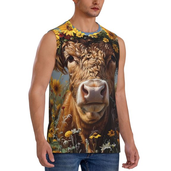 Fotbe Men's Cute Cow Sunflower Crown A Print Men's Sleeveless Muscle Tank Tops Casual T-Shirts for Gym Workout Beach-Medium