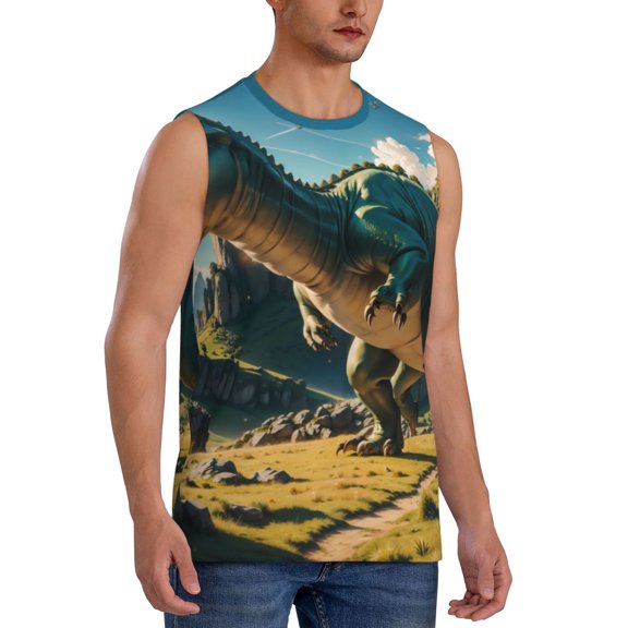 Fotbe Men's Cute Green Dinosaur Blue Sky Print Men's Sleeveless Muscle Tank Tops Casual T-Shirts for Gym Workout Beach-Medium
