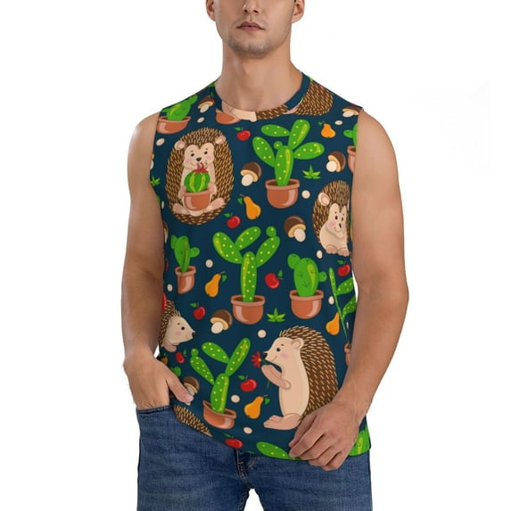 Fotbe Men's Cute Hedgehogs Cactus Blue Print Men's Sleeveless Muscle Tank Tops Casual T-Shirts for Gym Workout Beach-Small