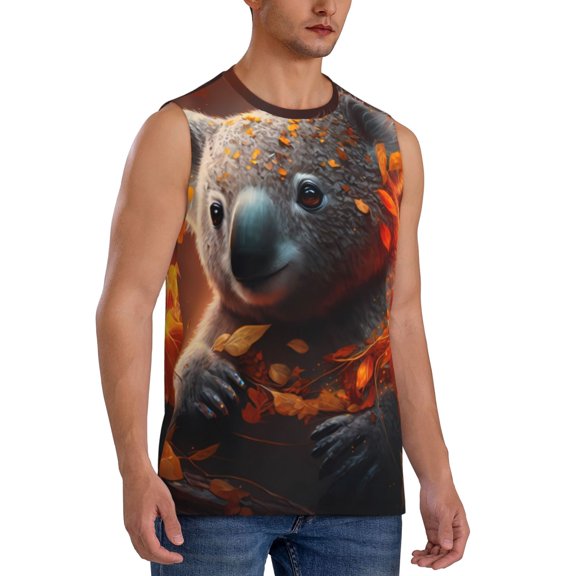 Fotbe Men's Cute Maple Leaf Koala Print Men's Sleeveless Muscle Tank Tops Casual T-Shirts for Gym Workout Beach-Small
